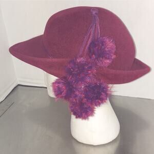 Vtg. Frederick Fox Burgandy Round Wool Felt Hat With Fluff Ball Tassel